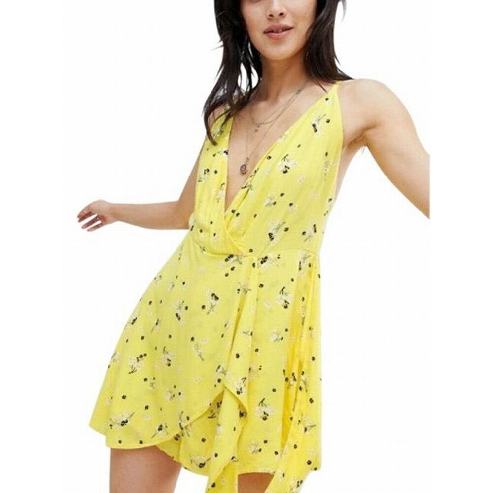 NWT! FREE PEOPLE ELETRIC YELLOW FLORAL WRAP ROMPER SIZE 8